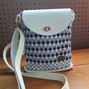 White and Navy Check Crossbody Bag with Textured Flap
